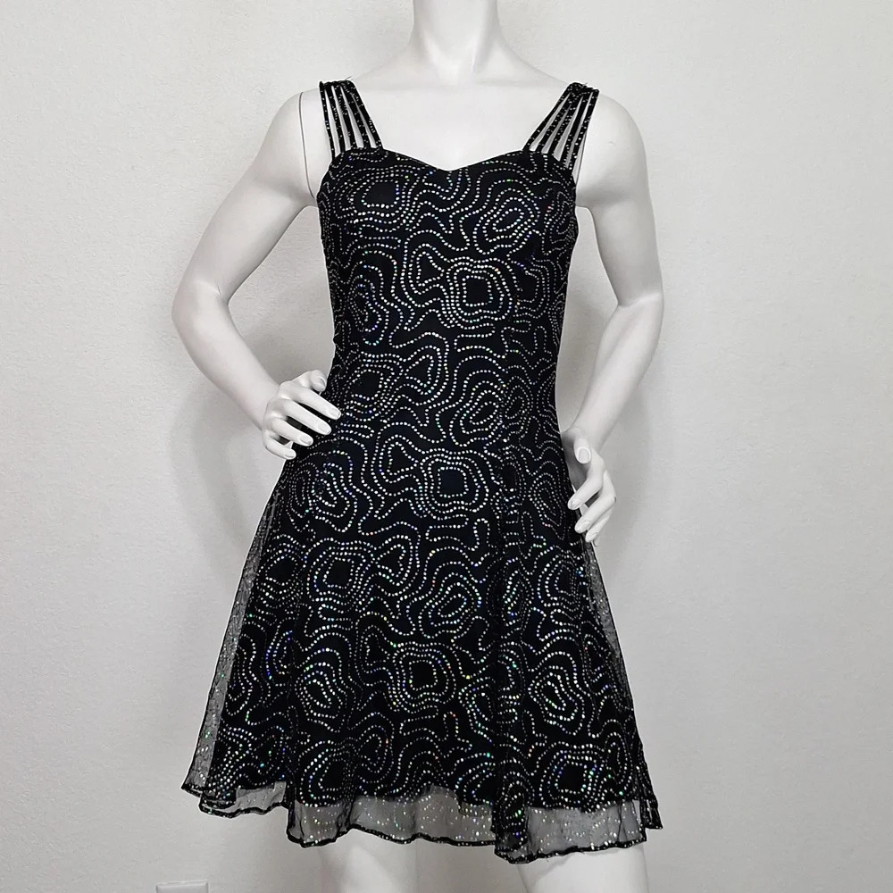 All That Jazz Vintage Black Whimsigoth Rhinestone Witchy Strappy Fairy Dress 7/8